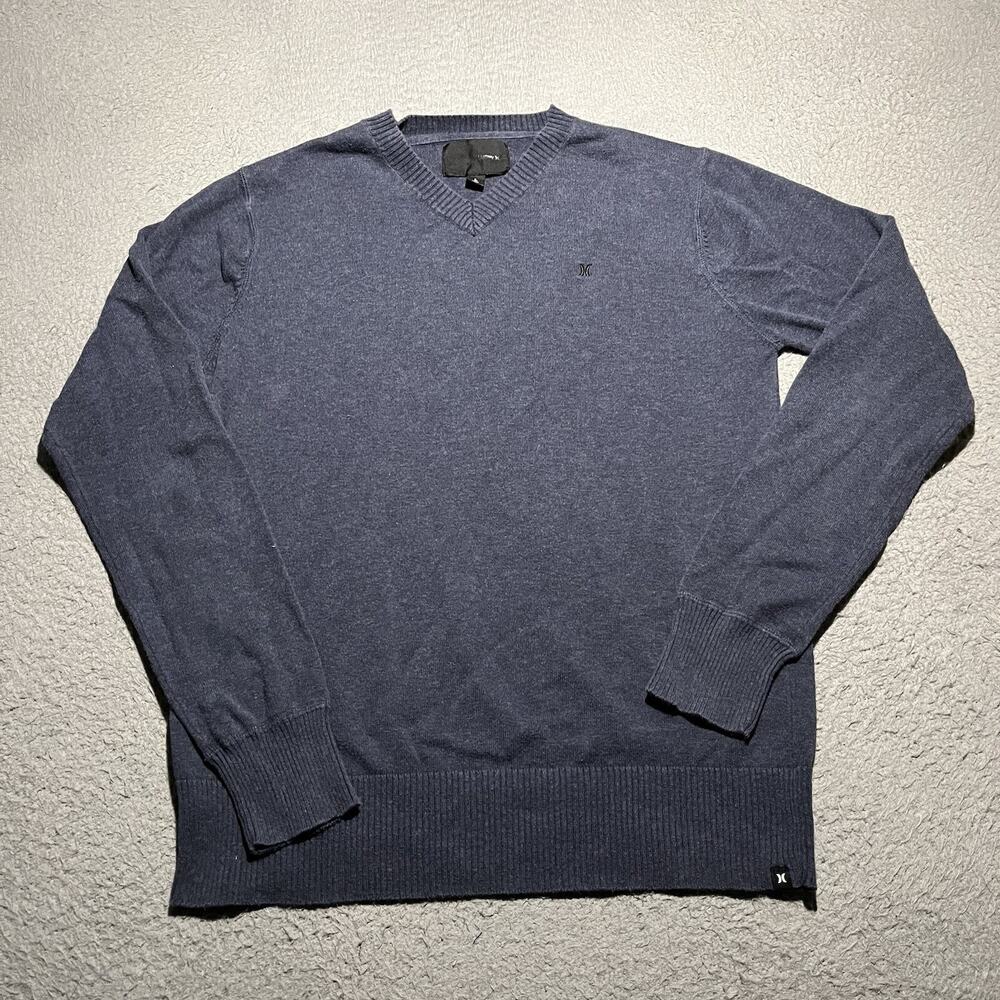 Hurley Pullover Sweater Mens Large Blue Cotton Knitted Long Sleeve V-Neck Basic